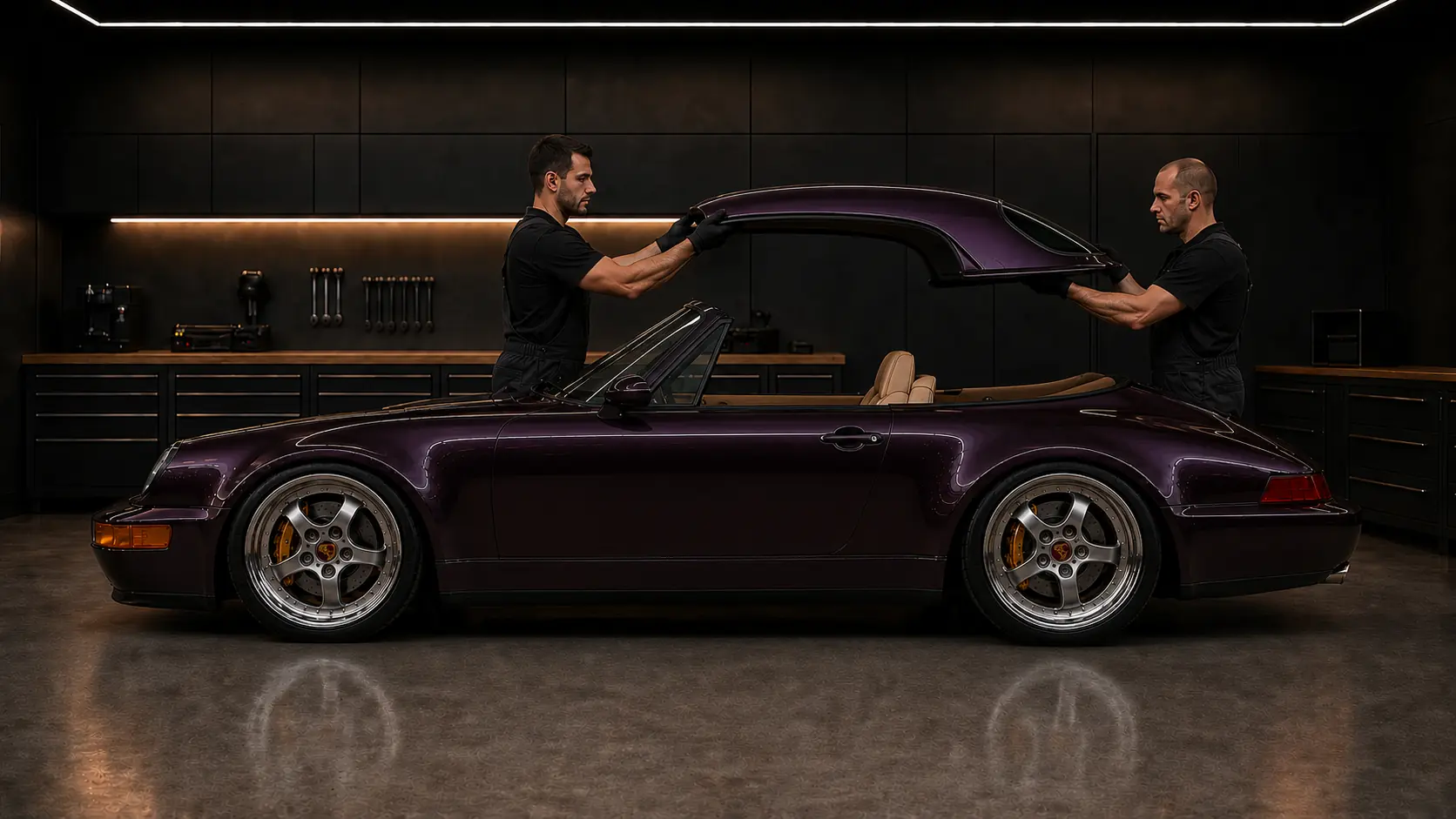 Two technicians manually positioning the separate hardtop above the Cabriolet while its windscreen and A-pillars remain attached to the car