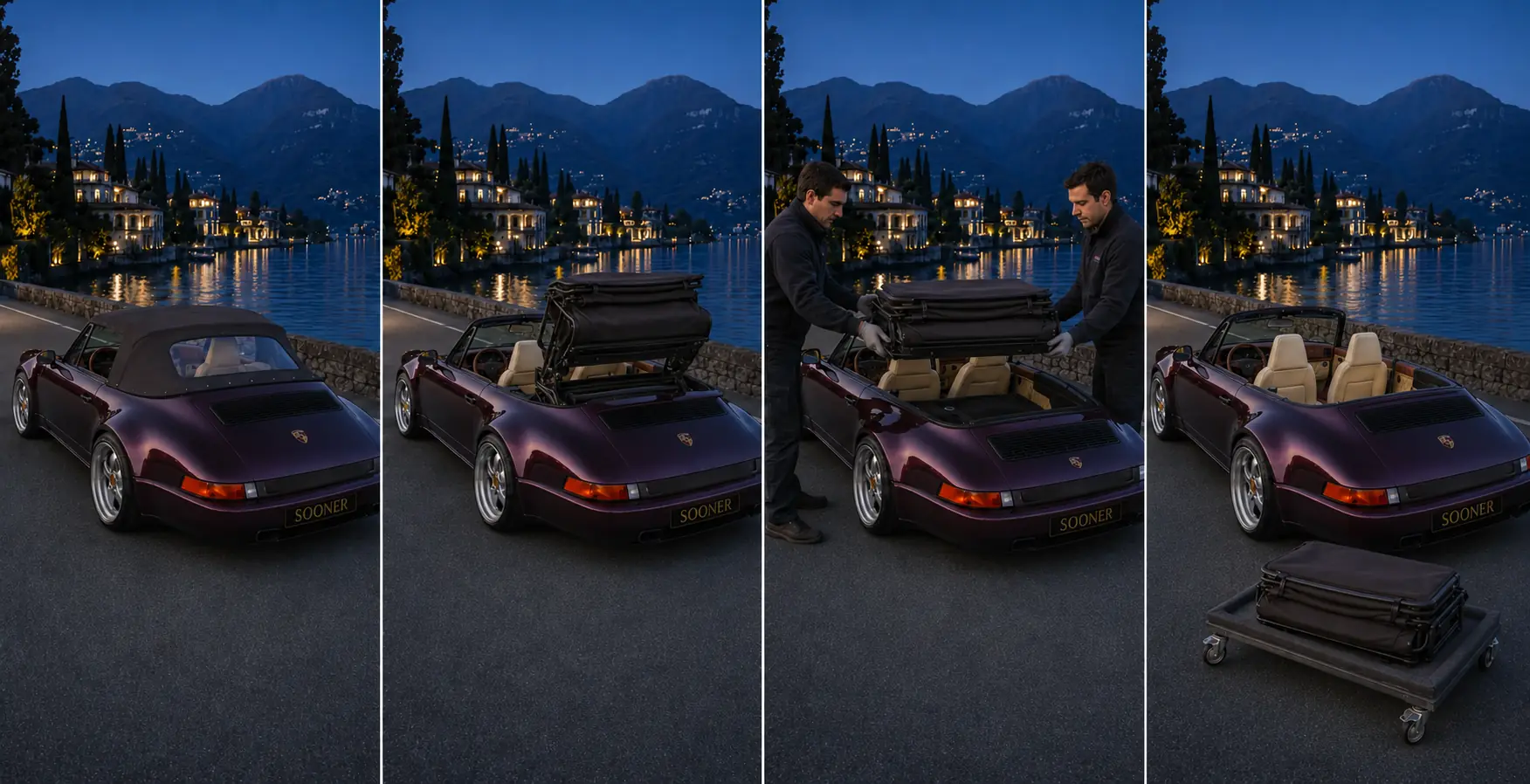 Compact Sooner Cabriolet soft top Z-folding into a shallow well, being lifted as a cabin-width cassette and stored horizontally on a low padded cradle