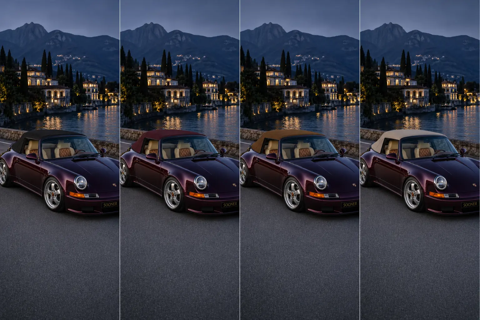 Charcoal, burgundy, tobacco and stone-grey mohair roofs fitted to an aubergine Sooner Cabriolet