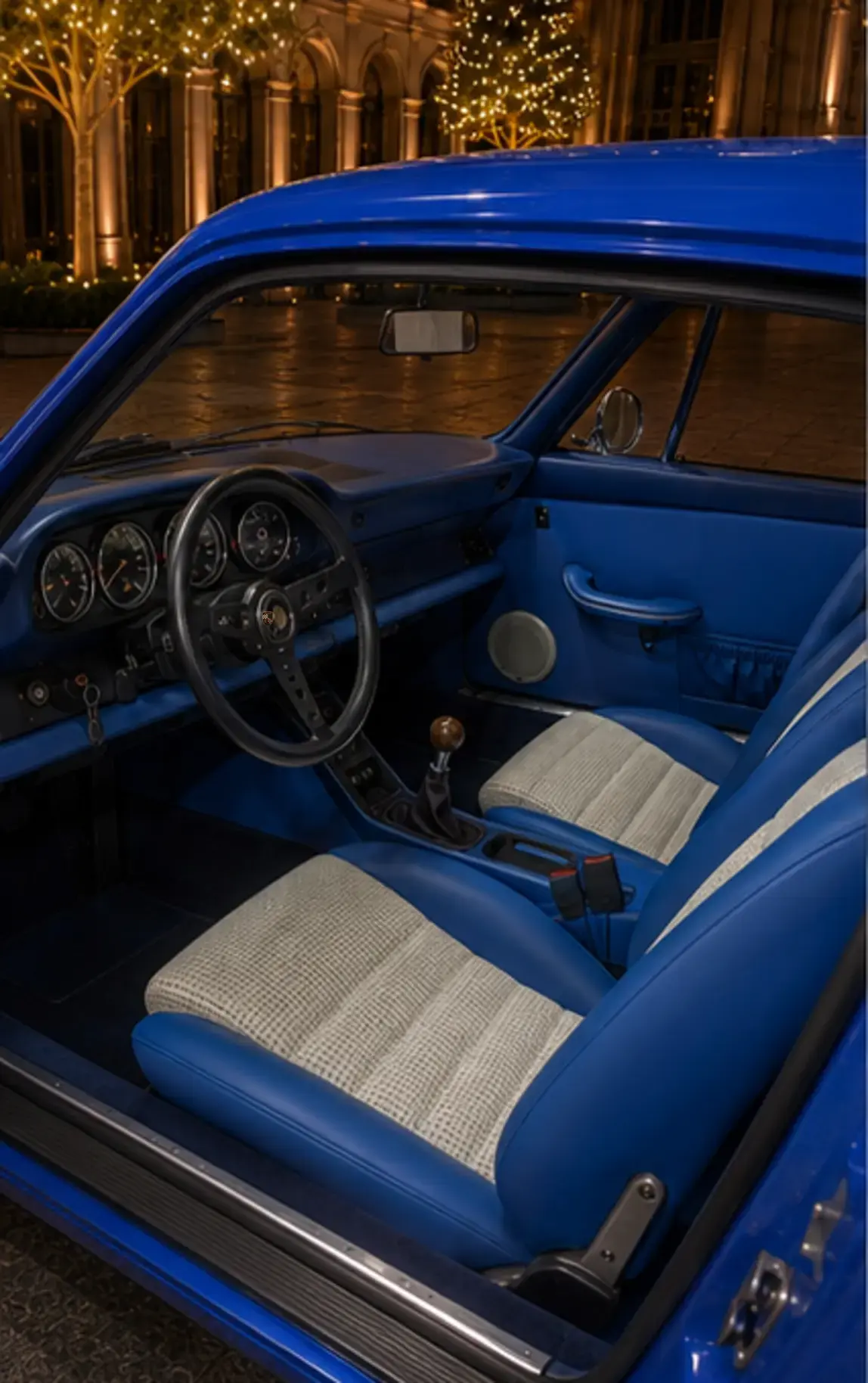 Open-door Sooner cabin in a blue and cream initial material direction