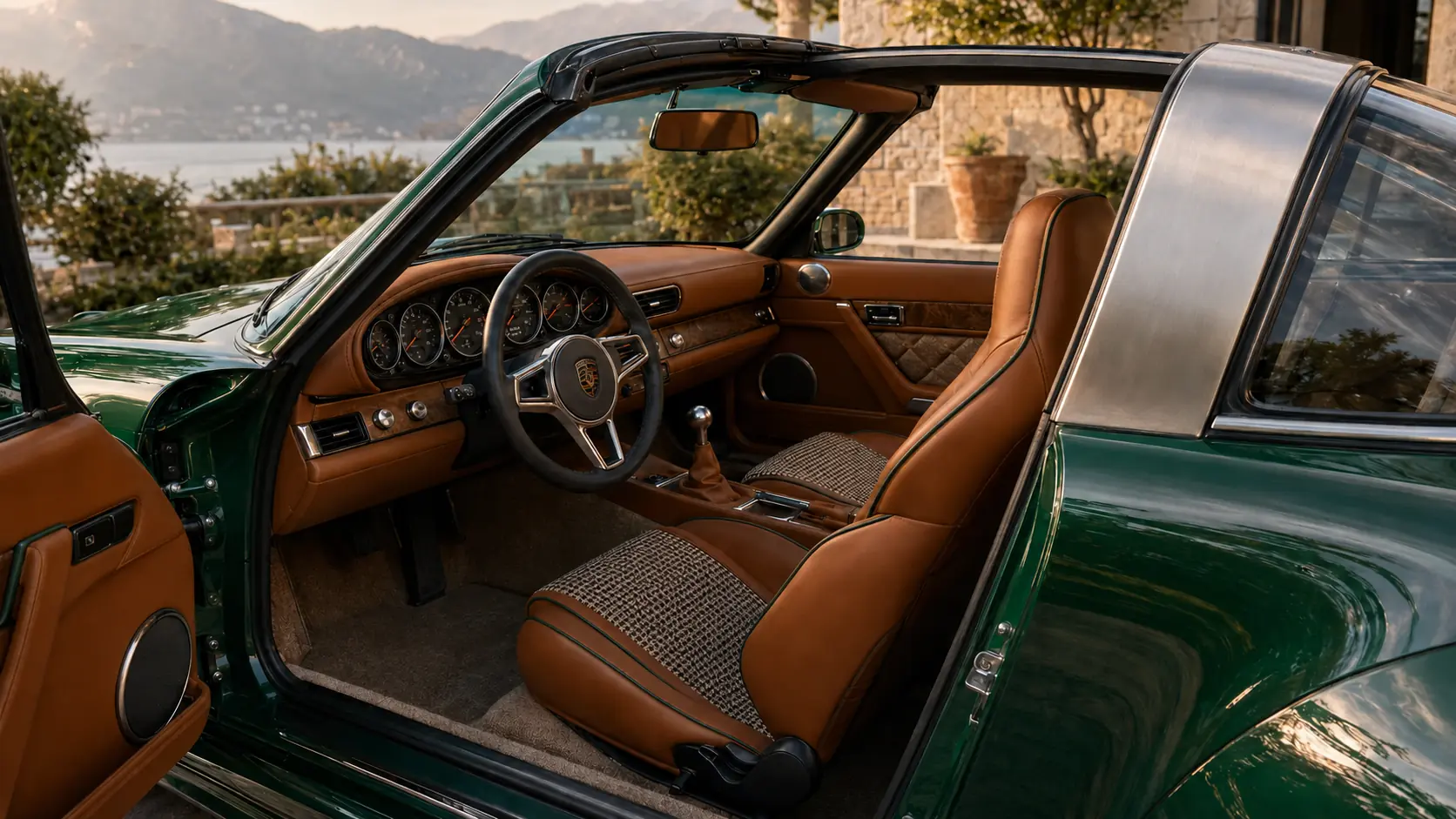 Cognac, houndstooth and walnut Targa cabin study