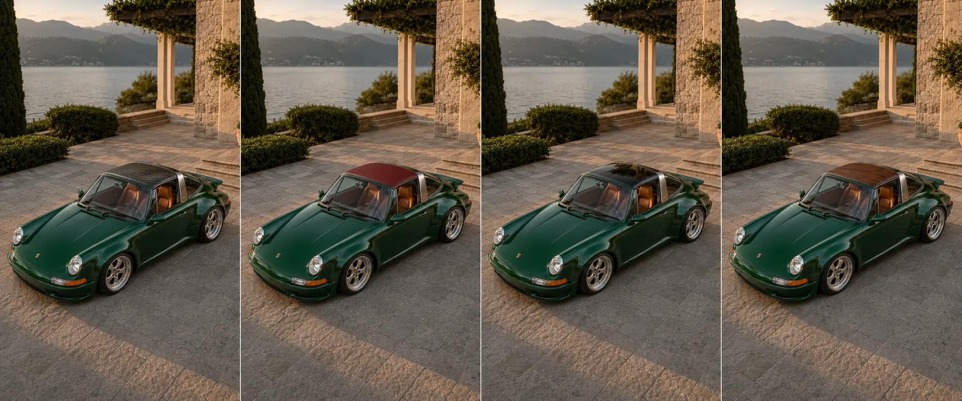 Carbon, burgundy leather, smoked glass and walnut roof panels fitted to the green Sooner Targa