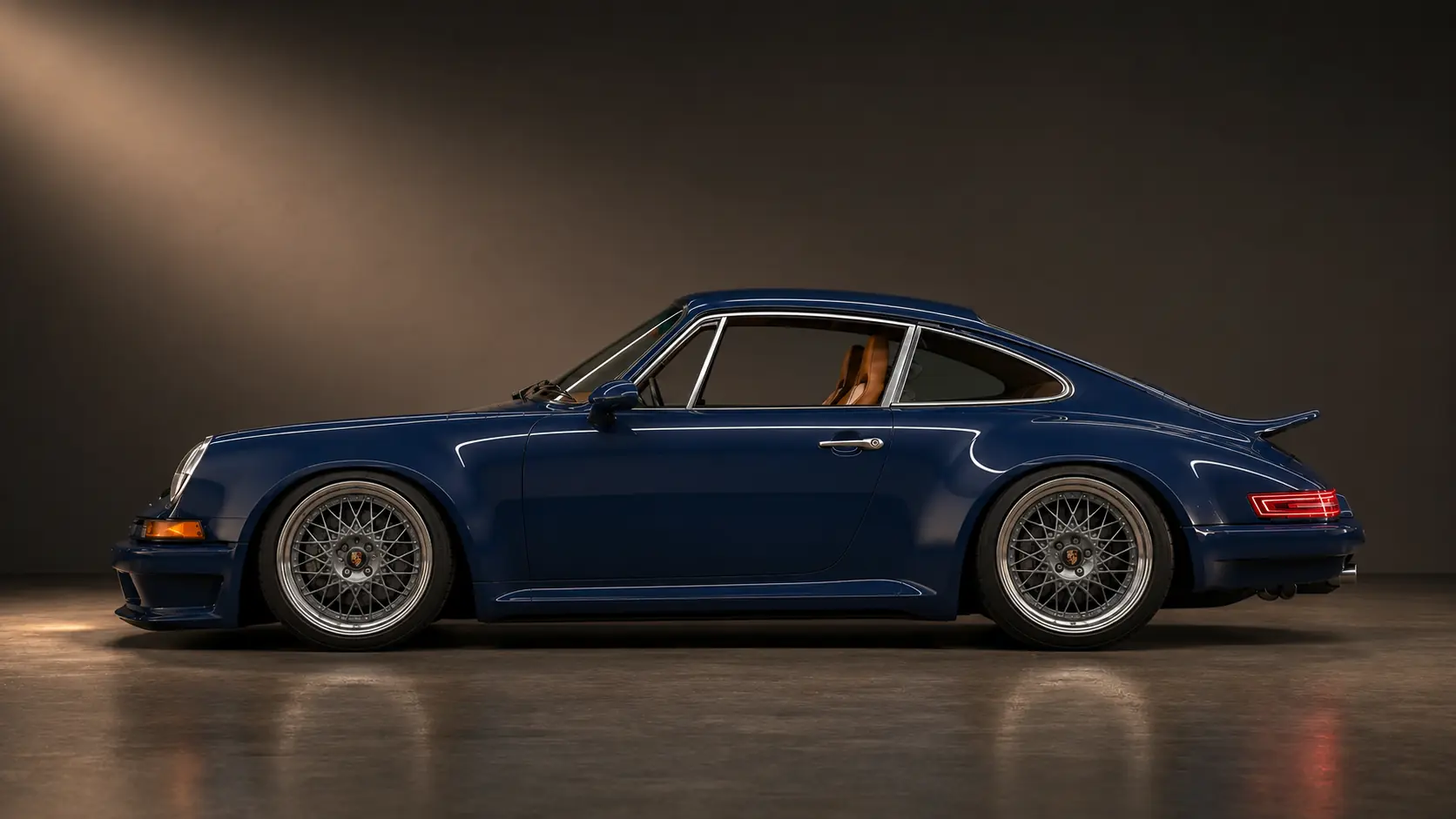 Dark-blue Sooner in side profile with forged mesh wheels