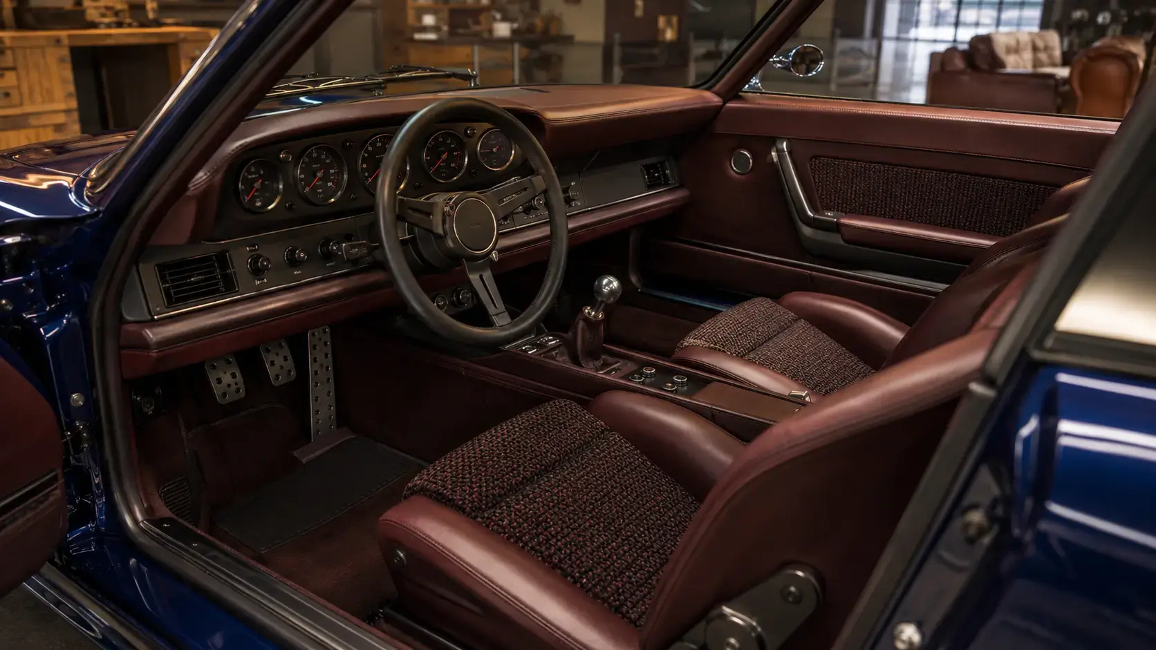 Oxblood leather and woven textile Sooner interior study