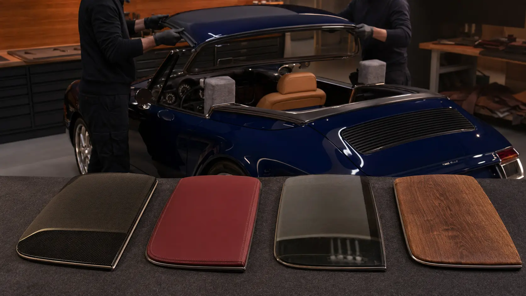 Carbon fibre, exotic leather and wood removable roof inlay choices