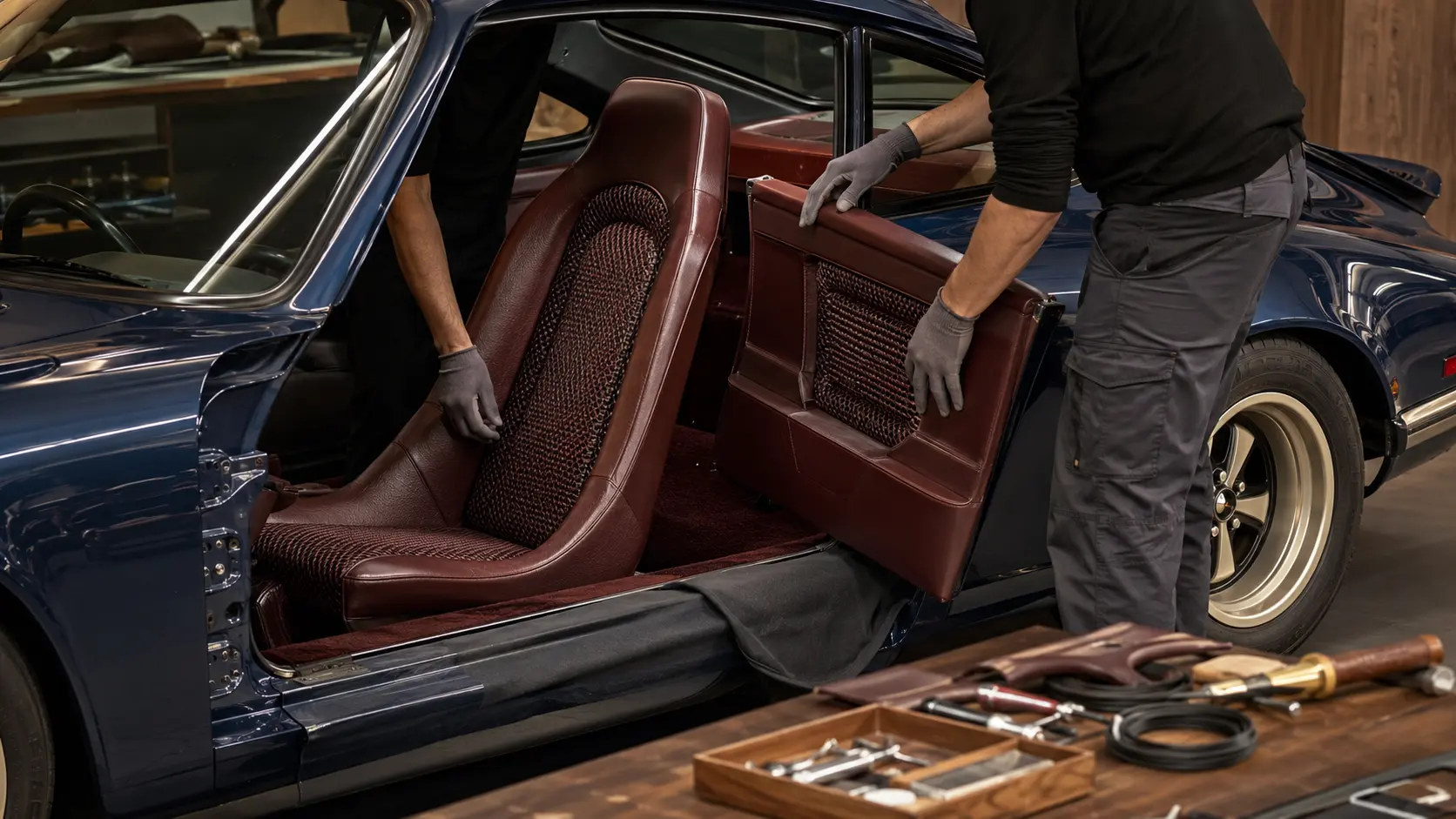 Sooner seat and door trim being fitted by hand in the atelier